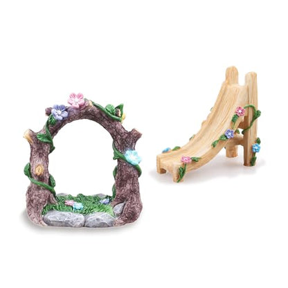 Kai Dream Miniature Fairy Garden Accessories Set, 2 Piece Resin Decorative Landscape Kit with Arch and Slide, Floral Garden Ornaments - style: Arch, Slide Set