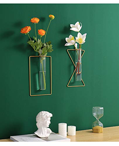 yaooral Luxury Nordic Hanging Wall Mounted Gold Flower Vase | Metal Frame Glass Tube/Minimalist/Cute Exquisit Pretty/Geometric Hydroponic Bud Vase Decor for Wall Home Wedding Farmhouse - style: triangle