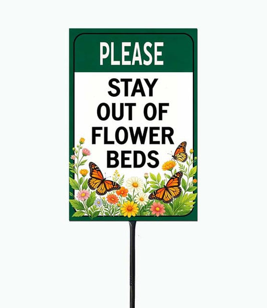 Please Stay Out Of Flower Beds, 23" Tall Metal Sign with Stake, High-Contrast Print, 8" x 12", Garden Decor, Outdoor Lawn Art - color: H4, size: Black Threaded 23" Ht