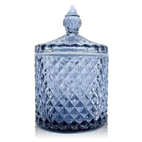 Colorful Glass Makeup Removal Skincare Cotton Jar With Lid Candy Cookie Jars Jewelry Box Buffet Biscuit Containers Food Storage Decorative(Gray Blue) - color: Pointed Cylinder-Gray Blue