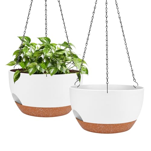 2 Pack 12 Inch Self Watering Hanging Basket Planters for Indoor Outdoor | Hanging Planters for Plants Garden Home Decoration with Chains, Drainage Holes, Water Reservoir, - color: White, size: 12 Inch