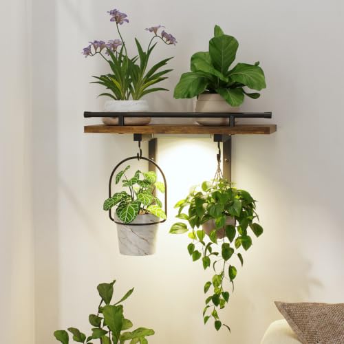 LASZOLA Wall Plant Shelves Floating Hanger Holder with Grow Lights, Brown | Window Stand with Hooks, Metal and Wood, Flower Hanging Display Rack for Indoor Bedroom Living Room Bathroom Kitchen Decor - color: Dark Brown with Light, size: 1