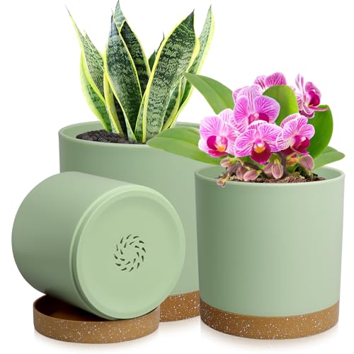 WSMKSZ 3 Pack 6/5/4 inch Cylindrical Flower Pots, Modern Small Round Plastic Plant Pots with Drainage Holes & Saucers, Clean and Refined Planter Pots for Outdoor, Indoor & Office Decor (Green Brown) - color: Green With Brown, size: 6+5+4 inch