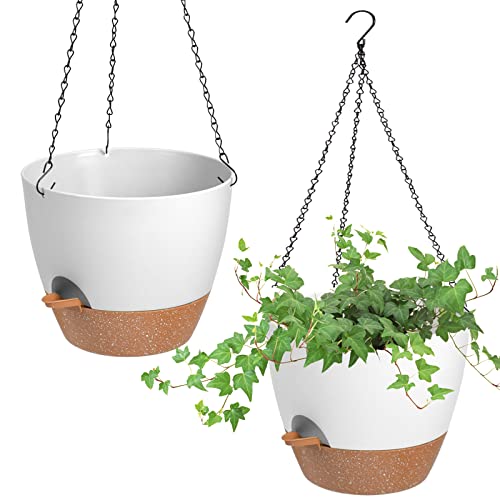 Vanslogreen Hanging Planters for Indoor Outdoor Plants, 2 Pack Self Watering Hanging Pot with Drainage Holes & Removable Tray (White, 10'') - color: White, size: 10''