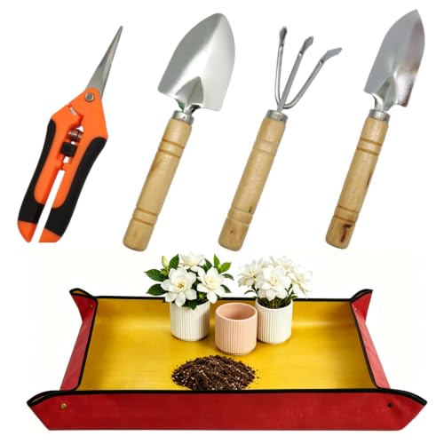 Indoor Plant Tools Set of 5, Included Plant Repotting Mat, Pruning Shear Garden Scissors and Mini Garden Kit for Succulents, Bonsai, Houseplant Transplanting (Orange) - color: Orange