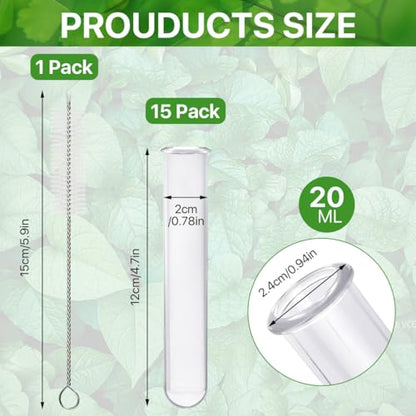 15 Pcs Clear Test Tubes for Plant Propagation Station, Acrylic Test Tubes for Scientific Experiments,20 ml Round Bottom Test Tubes for Hydroponic Flowers Home Office -0.78" Diameter