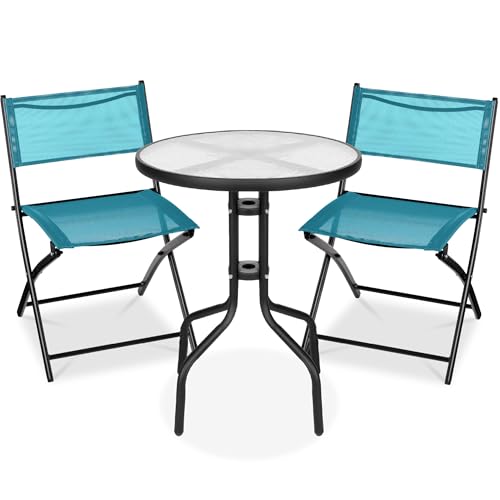 Best Choice Products 3-Piece Patio Bistro Dining Furniture Set w/Textured Glass Tabletop, 2 Steel Folding Chairs, Polyester Fabric - Peacock - color: Peacock