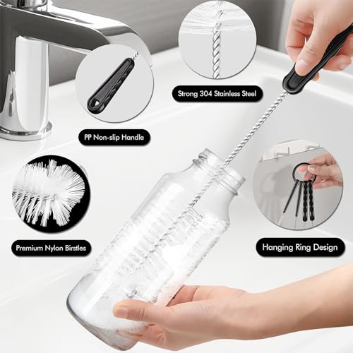 Bottle Cleaning Brush Set, 4Pcs Long Handle Bottle and Straw Cleaner Brushes for Washing Water Bottles Drinks Bottles Baby Bottles Glass Teapots