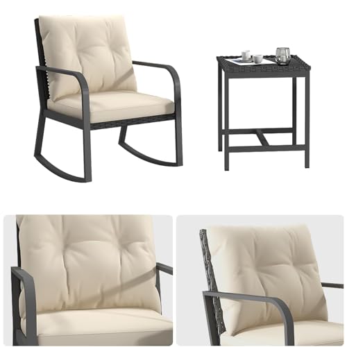 Bistro 3 Piece Patio Furniture Set, Patio Table and Rattan Outdoor Rocking Chairs Set of 2, Outdoor Bistro Conversation Set for, Garden, Balcony, Poolside, Backyard, Beige - color: Beige