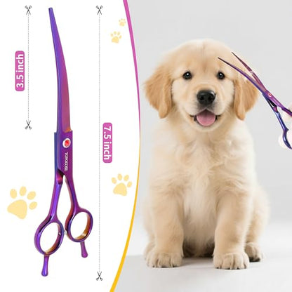 7.5" Dog Grooming Scissor - Professional Down-curved Shear with Ergonomic Handle Japanese Stainless Steel Hair Scissor for Dogs, Cats and Other Pets, Sharp (Curved, Purple) - color: Purple