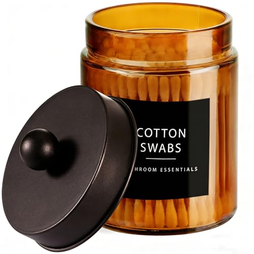 Amolliar Bronze Amber Glass Apothecary Jar, Qtip Holder Jar, Bronze 1 Pack | Bathroom Canister With Metal Lid, Q tip Dispenser Holder for Cotton Balls, Cotton Swabs, Floss Picks, Vanity Makeup Organizer - color: Bronze, size: 1 Pack
