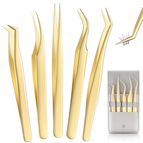 MORGLES Golden Lash Tweezers Set, 5 PCS Professional Eyelash Tweezers | Stainless Steel Lash Kit with Leather Case, Precision Grip for Extensions, Made for Beginners & Artists - color: Golden