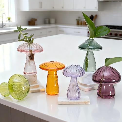 6 Pcs Colored Mushroom Glass Propagation Vases for Plants - color: Colored-a