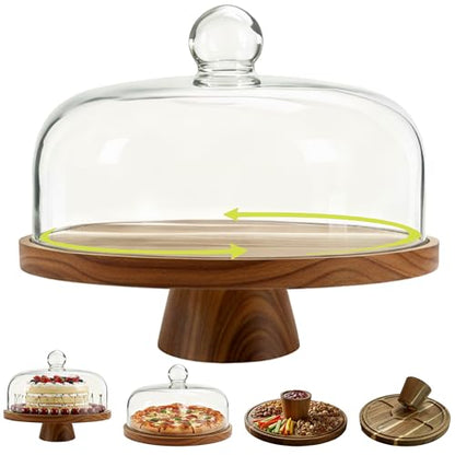 Acacia Wood Cake Stand with Scratch-Resistant Glass Dome Lid – 12-Inch Round Cake Holder with Screw-Type Base, Wooden Dessert Display Stand with Cover for Cakes, Pastries, Cheese & Charcuterie