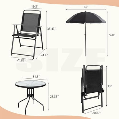 Vongrasig 6 Piece Folding Patio Dining Set,Small Metal Outdoor Garden Patio Table and Chair Set w/Umbrella for Lawn,Deck,Backyard,Black - color: Black
