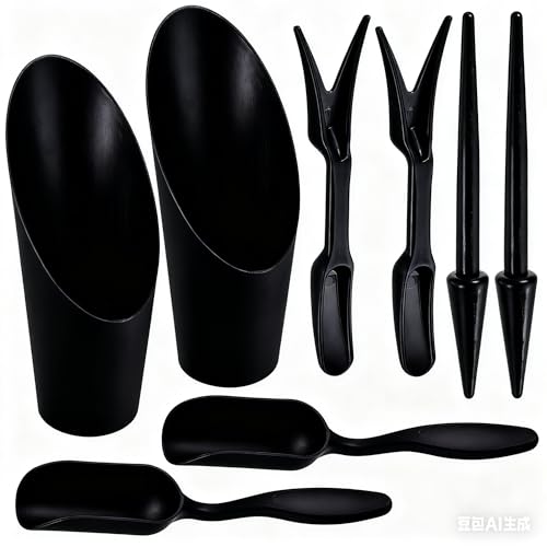 8Pcs Set Mini Garden Shovel Hand Tools Transplanting Potting Tool Set Indoor Soil Spoon Scoop Plastic Kits (Black-8pcs Set) - color: Black-8pcs Set