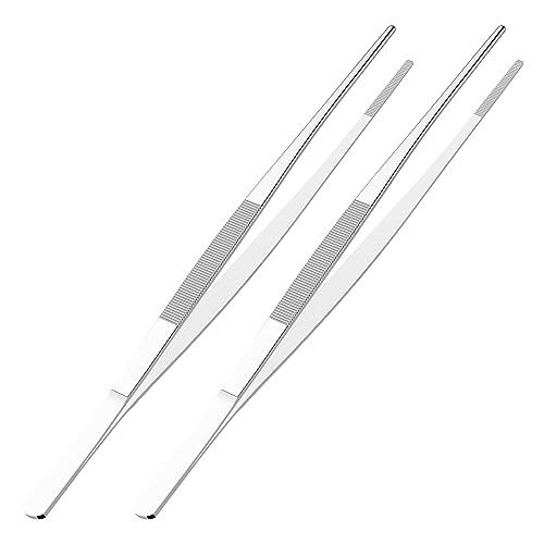 2 PCS 12" Stainless Steel Tweezers, Straight Blunt, 3/64" Thick | Round Serrated Tip, Multipurpose Daily Garden Home Lab Craft Repairing Tool - size: 12"L(3/64"T)