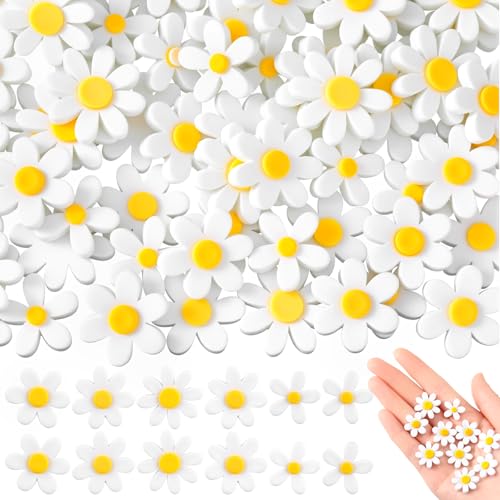 DoubleFill 80 Pcs Mini Resin Daisy Flower Figurines Summer White Daisy Flower Miniatures for Summer Flowers Party Decoration Birthday Wedding Vase Cake DIY Decoration