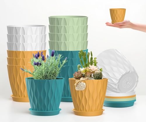 16 Pack 4 Inch Plastic Planter Pots with Tray, Heavy Duty Indoor Outdoor Planter Pots with 48 Drainage Holes for Herbs, Succulents, Seedlings, Flowers Durable and Lightweight Multicolour - color: Multicolour