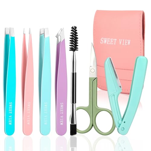 SWEET VIEW 7PCS Tweezers Kit for Women Facial Hair & Brow - color: Multicolor