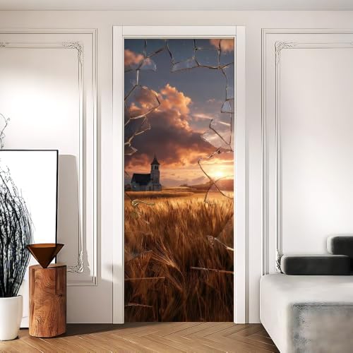 Broken Glass Wheat Field Rustic Church Door Mural 30.31x78.74in - color: Colorful1080