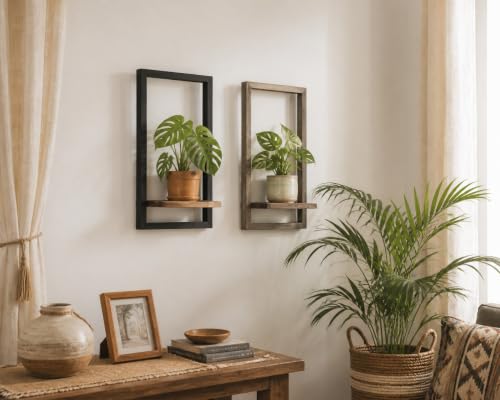 Wall Plant Holder for Indoor Plants, Wooden Wall Planter Shelf, Picture Frame Hanging Plant Shelf, Window Plant Shelves for Succulents, Air Plants & Small Pots, Farmhouse Home Wall Decor, 3 Pack