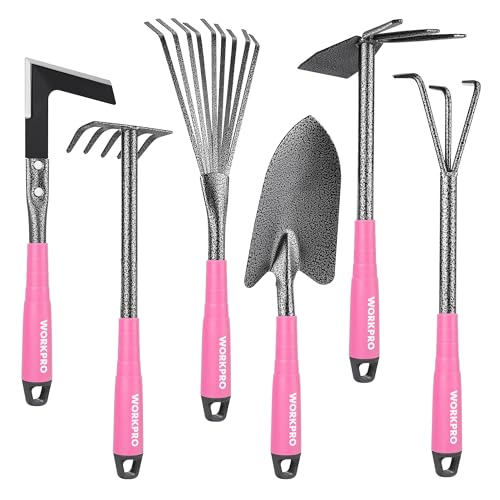 WORKPRO 6-Piece Pink Garden Tool Set | Heavy Duty Gardening Hand Tools with Soft Rubber Handle, Including Trowel, Rakes, 2-in-1 Hoe and Crack Weeder - color: Pink