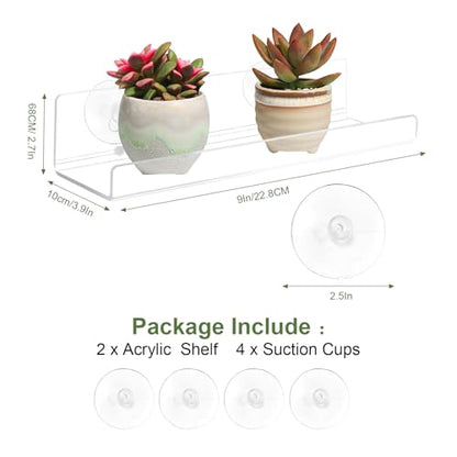 2 Pack Window Plant Shelves, 9 Inch Acrylic Suction Cup Shelf, Window Sill Extender for Indoor Succulents, Herb Planters, Micro Greens, Bathroom Organizer