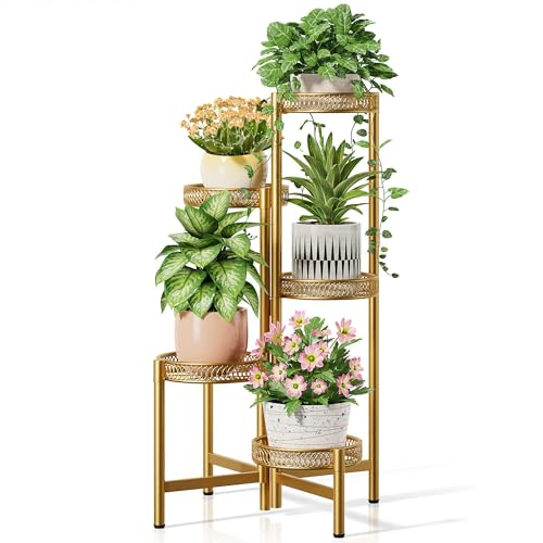 Gold Plant Stand Indoor Outdoor, 5 Tier Corner Flower Display Holder Stand, Folding Tall Plant Rack for Patio Balcony Porch, Heavy Duty Wrought Iron Gold Plant Shelf - GoldFlower - color: GoldFlower, size: 5-tiers
