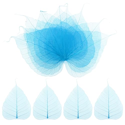 M METERXITY 100-Pack Skeleton Leaves, 5.1 Inch Natural Dried Pressed Bodhi Skeleton Leaves Vein for Resin/DIY Crafts Card/Scrapbook/Wedding, Small Leaves Decorative [Blue] - color: Blue