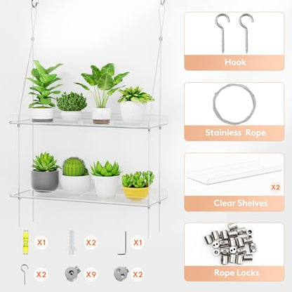 Lifewit 2-Tier Window Plant Shelves, 15" Acrylic Adjustable Hanging Shelf | Versatile Hanger for Small Plants or Display Figurines, Window Sill Extender for Micro Greens, Herb Planters & Seedling Pots - size: 2-Tier