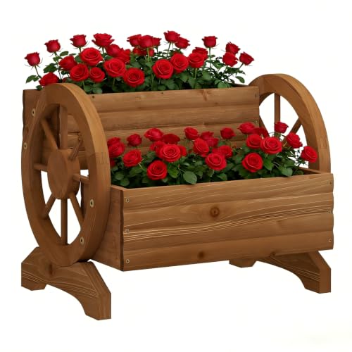 Wooden Wagon Planter Flower Cart with Wheels Garden Box Garden Planter, Decorative Planter for Flowers Herbs Vegetables for Indoor & Outdoor Décor Flower Cart for Patio Garden Balcony (Brown) - color: Brown