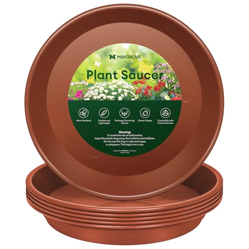 Maygrove 6 Pack 12" Plant Saucers Heavy Duty Plastic Plant Trays for Pots | Grow Bags, Bird Baths, Flower Drip Trays for Indoor and Outdoor Uses, Brown - color: Brown, size: 12"(6 pack)