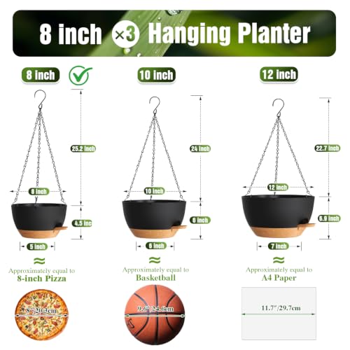 8 Inch Self Watering Hanging Planters Set of 3 with Saucers - color: Black Brown, size: 8 Inch 3 Pack