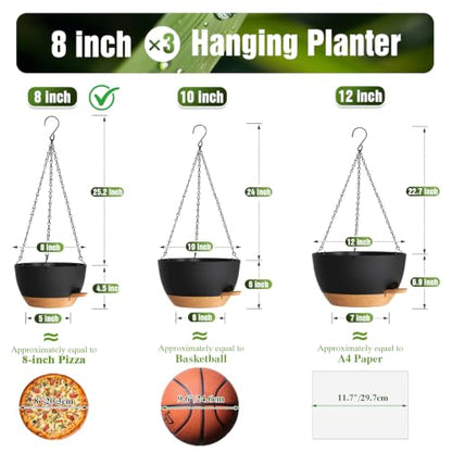 8 Inch Self Watering Hanging Planters Set of 3 with Saucers - color: Black Brown, size: 8 Inch 3 Pack