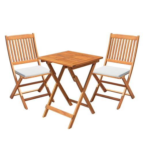 Flamaker 3 Piece Acacia Wood Folding Bistro Set Outdoor (Natural) | Outdoor Bistro Set for 2, Small Bistro Set Outdoor, Square Table and Chairs Balcony Furniture for Porch, Lawn, Backyard