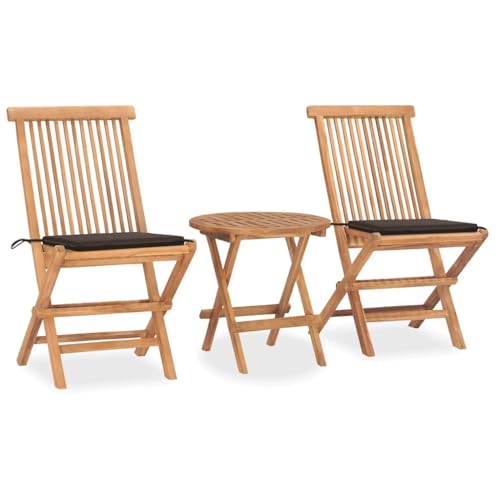 Patio Dining Set, 2 Person Solid Teak Wood Folding Outdoor Bistro Set for Garden and Terrace, Compact Circular Wooden Table and Chairs Furniture, Taupe - color: Taupe