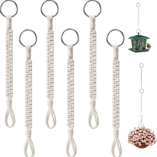 6 Pack Macrame Plant Hanger Extenders with Heavy Duty Metal Rings, Connectable Rope Extension for Hanging Baskets, Bird Feeders, Indoor Outdoor Boho Planter Pot Holder Accessories