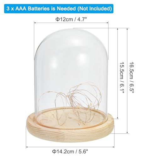 PATIKIL 6.1"x4.7" Clear Cloche Glass Dome, Glass Bell Jar Display Case Tabletop Centerpiece with Wood Base and LED Fairy Light for Wedding Home Decor - size: 6.1x4.7"