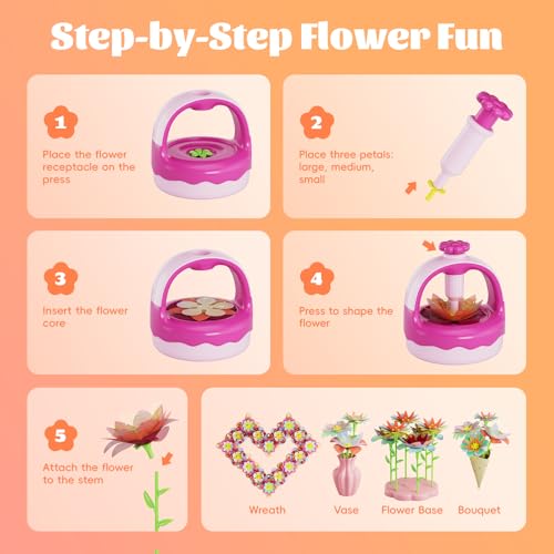 Fabric Flower Bouquet Craft Kit, DIY Arts & Crafts Toy for Kids, Creative Flower-Making Activity Set, Educational Preschool Toy, Perfect Birthday & Christmas Gift for Girls Ages 4 5 6 7 8+ (red) - color: red