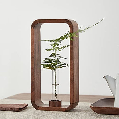 Transprent Glass Vase Test Tube Hydrophilic Plants Holder Walnut Wooden Frame Flower Stand Table Garden Bonsai Decor,Gifts for Women, Home Office Decor Planter (Big) - size: Large