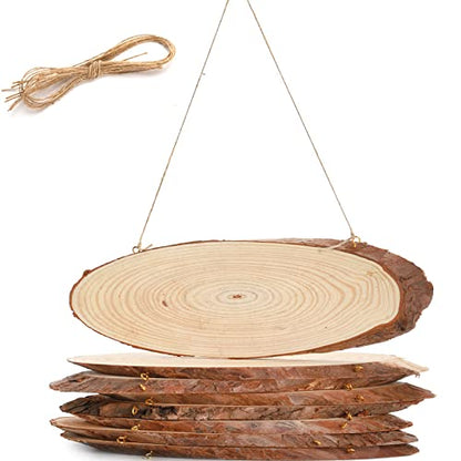 DEAYOU 8 Pack Natural Wood Slices, Unfinished Wood Crafts with Bark, Tree Slice Wooden Sign with Small Eye Ring, Wood Slab Plaque Plank for Centerpiece, DIY, Painting, Ornament, 9-11"L x 3-4"W, Oval