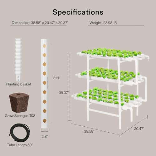 VIVOSUN Hydroponics Growing System 108 Plant Sites, 3 Layers 12 Food-Grade PVC-U Pipes Gardening System Grow Kit with Water Pump Timer, Nest Basket and Sponge for Leafy Vegetables - size: 108 Plant Sites