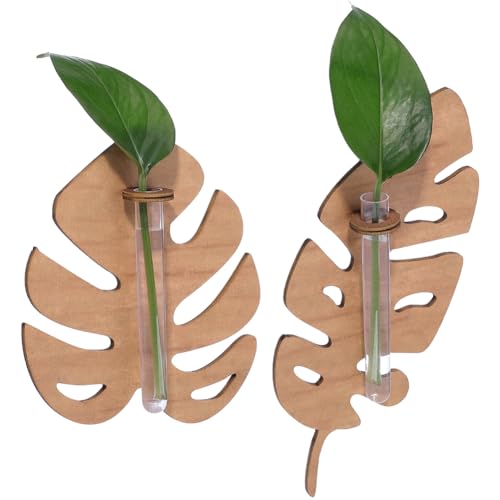 PH PandaHall 2 Styles Plant Propagation Station Leaf-Shaped Wall Hanging Planter Glass Test Tube Propogation Vase Decorative Wood Plant Holder for Indoor Hydroponics Plants Home Office Wall Decor