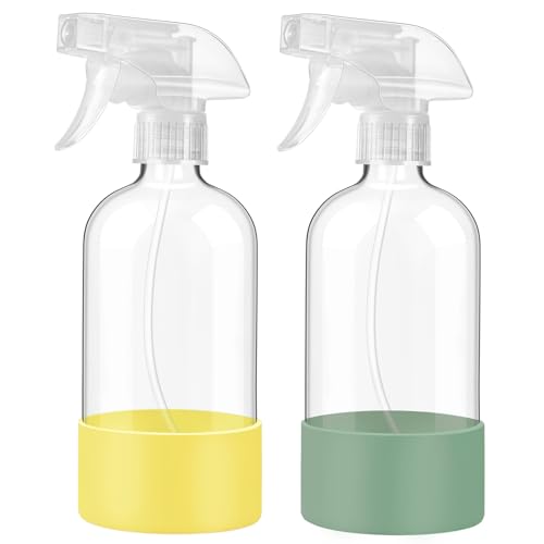 Glass Spray Bottles with Silicone Sleeve, 2Pack 16oz, Olive Green&Yellow | Leak-Proof Empty Refillable Containers with Adjustable Spray Nozzles, Spray Bottles for Hair, Cleaning and Plants - color: Olive Green&Yellow