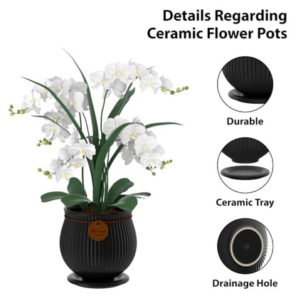 8.3 Inch Black Ceramic Planter with Drainage Hole and Saucer - color: Matte Black, size: Large