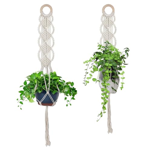 Crystalberry 2 Pack 37Inch Large Macrame Plant Hanger with Wooden Hanging Loop Ivory White Boho Macrame Hanging Planters Extra Long Macrame Pot Holder Basket for Home Garden Indoor Outdoor Décor
