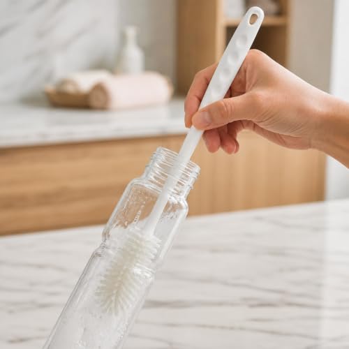 Extra Long Handle Bottle Cleaning Brush, Flexible Soft Bristle Brush for Narrow Neck Flasks, Tumblers and Glassware (White) - color: White