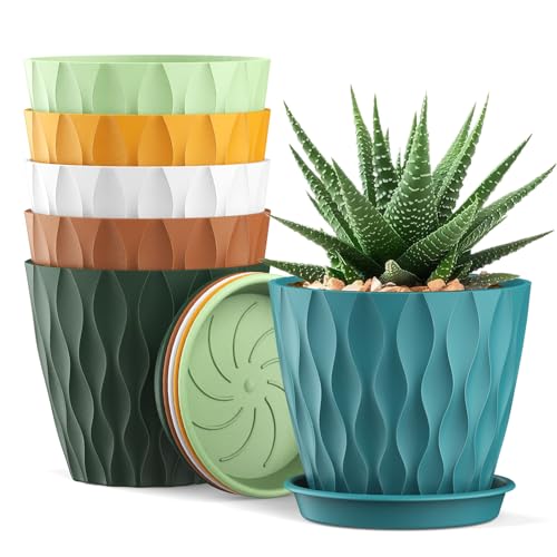 4 Inch Small Pots for Plants, 6 Pack Waffle Texture Small Plant Pots for Succulents, Plastic Planter with Drainage Holes and Saucers for Indoor Outdoor Plants, Flowers, Herbs, Seedlings, Colorful - color: Colorful, size: 6-Pack