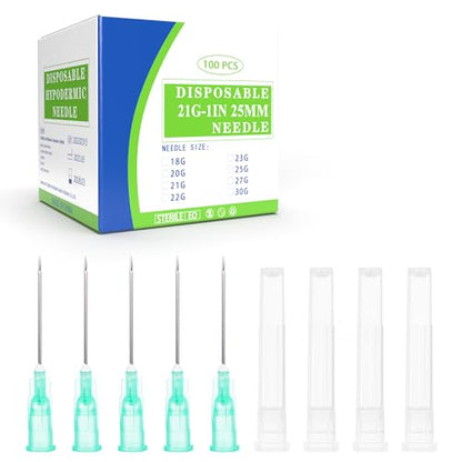 100 Pack 21G 1inch Luer Lock Needle with Cap, Liquid Transfer Needles for Scientific Measuring and Refilling, Disposable Individual Package - size: 21Ga×1"(25mm)